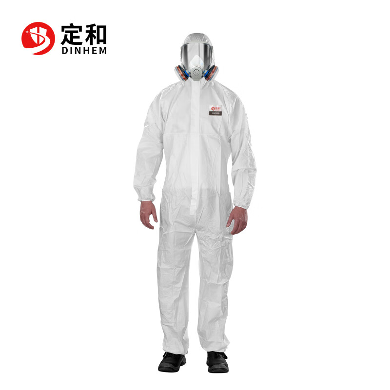 定和DH5010連體帶帽白色覆膜無(wú)紡布限次使用防護(hù)服