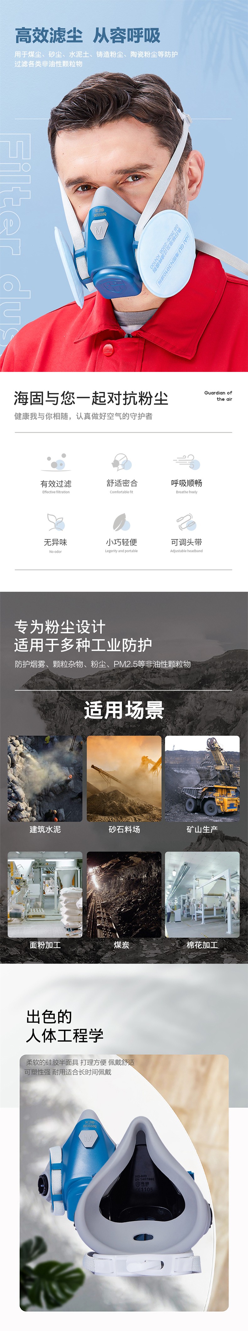 海固HG-600半面罩防塵面具+KN95非油性顆粒物濾棉圖片1