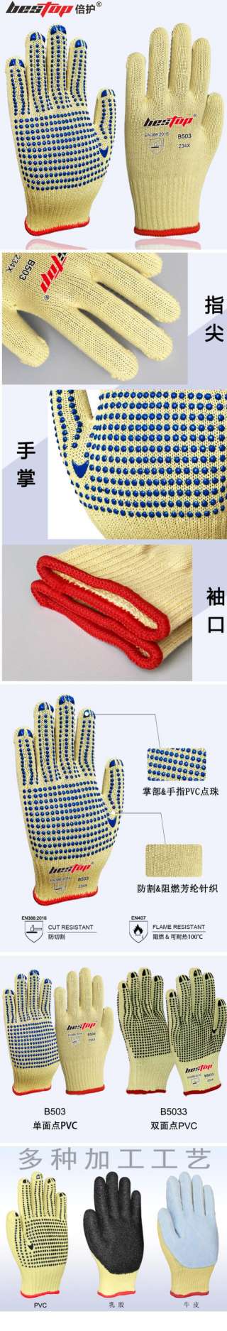 bestop倍護(hù)B503單面PVC點(diǎn)塑防滑3級防割手套圖片
