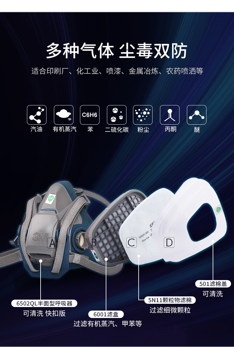 3M650PQL防毒面具硅膠半面具套裝3