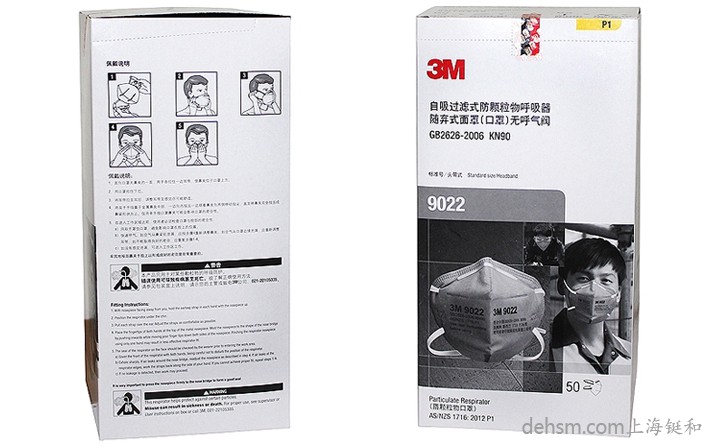 3M9022口罩50只/盒，包裝盒正反面圖